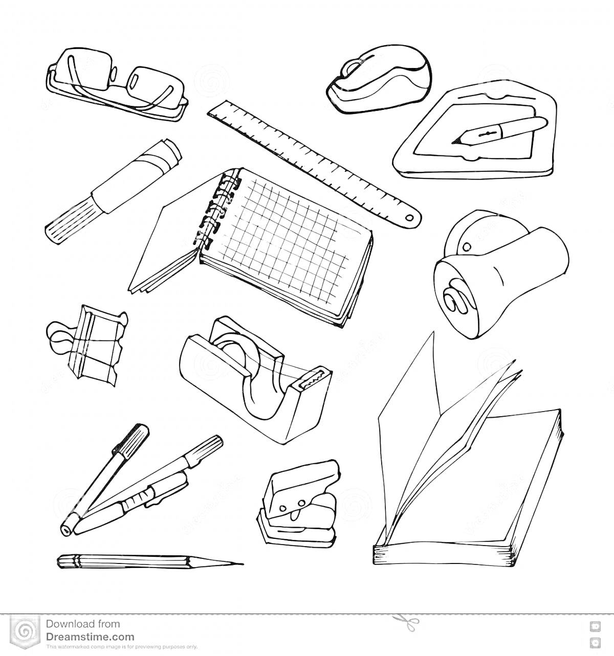 На раскраске изображено: Очки, Линейка, Точилка, Блокнот, Скрепка, Скотч, Ластик, Книга, Школьные принадлежности