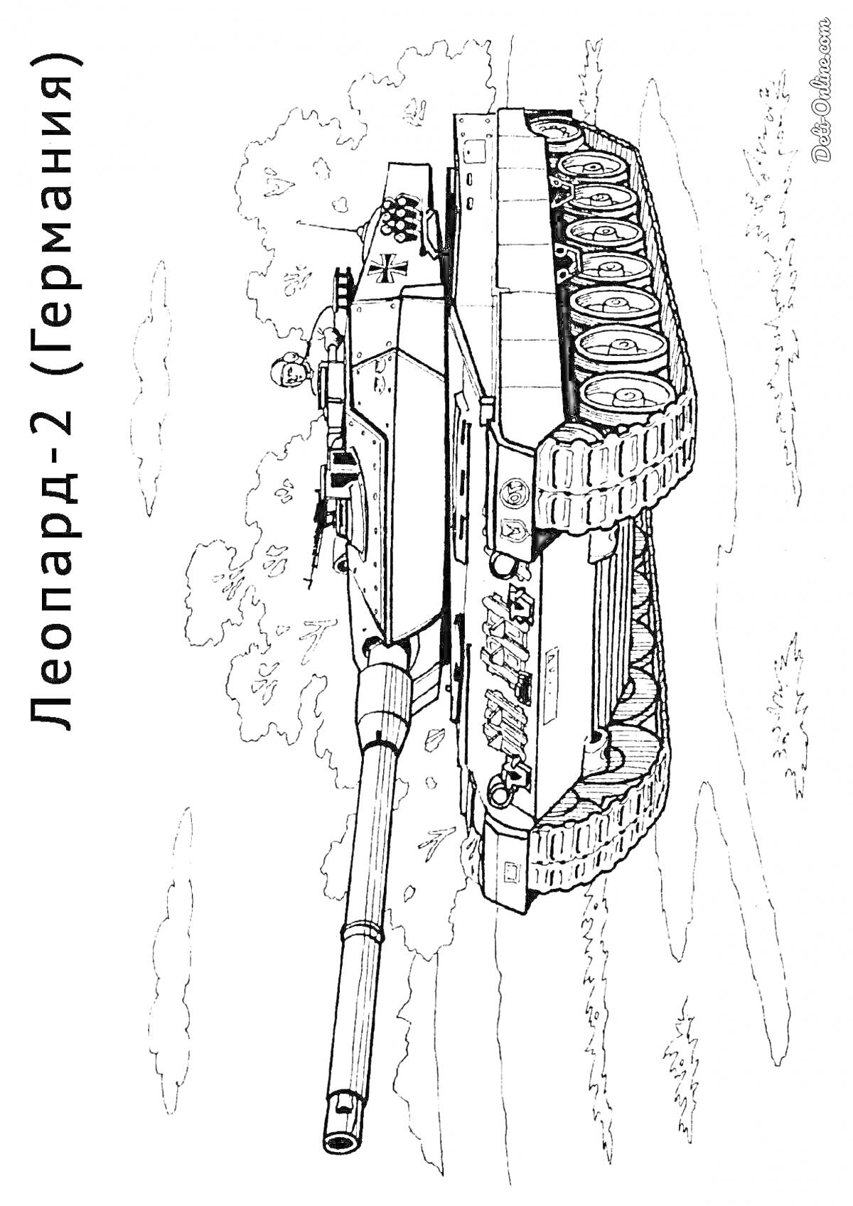 На раскраске изображено: Танк, Гусеницы, Орудие, Германия, Военная техника, Деревья, Облака