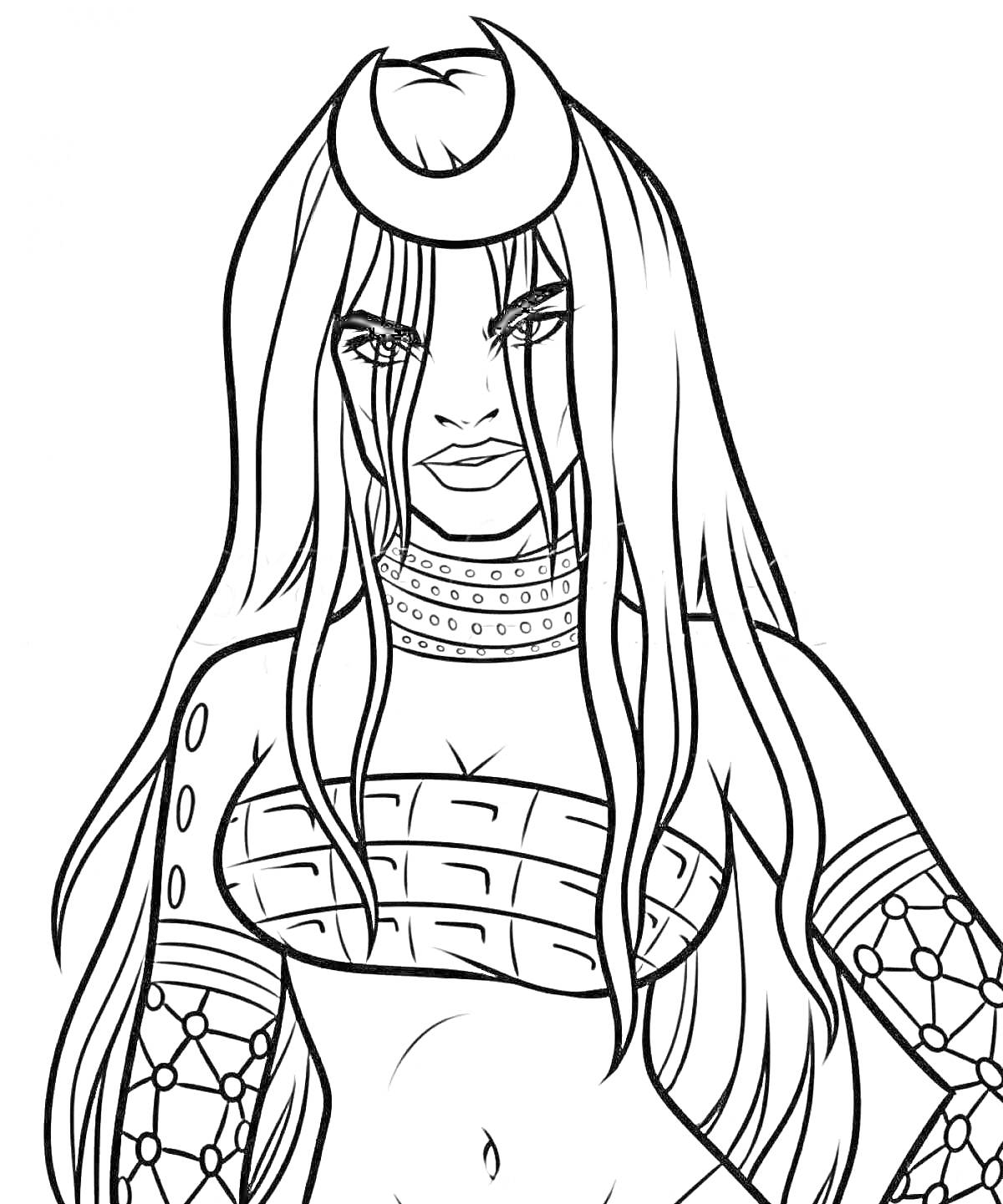 Раскраска Женщина с длинными волосами, в бра, с луной на лбу и татуировками на руках