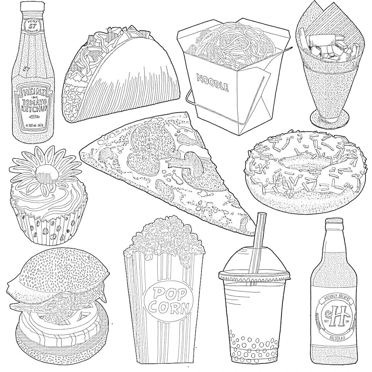 Фаст-фуд: бутылка кетчупа, тако, коробка лапши, стакан с картошкой фри, пончик, кекс, кусок пиццы, бургер, попкорн, напиток с трубочкой, бутылка напитка