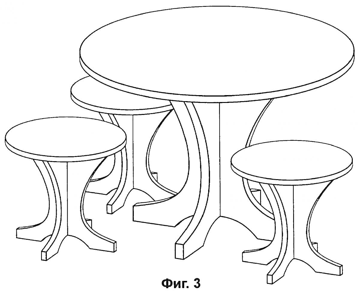 Раскраска Круглый стол с тремя табуретами