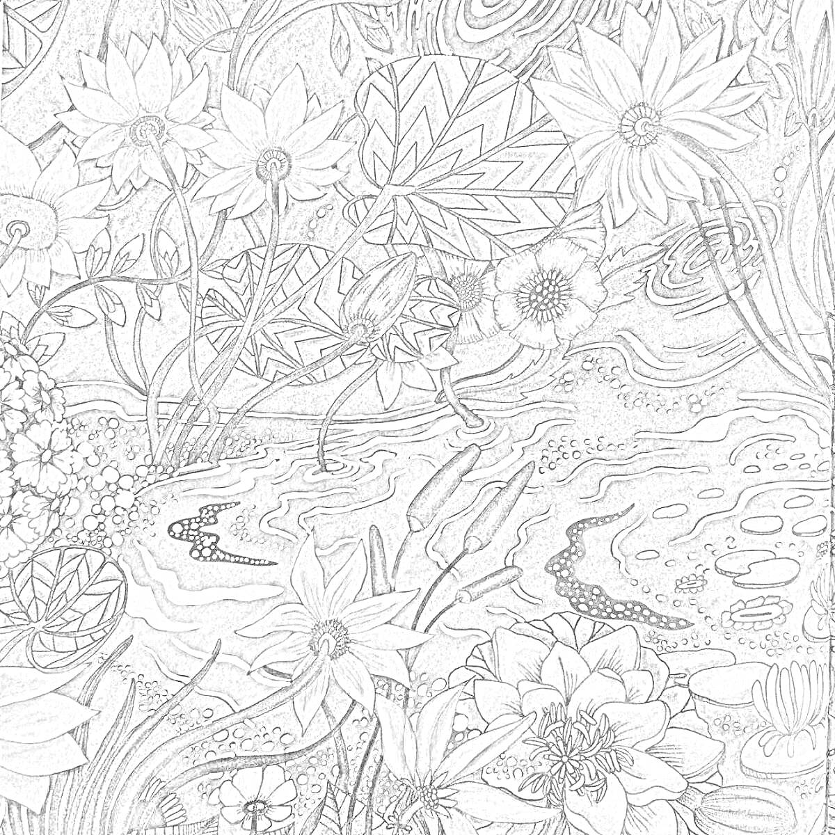Раскраска Болотный водоем с лилиями, кувшинками и тропическими растениями