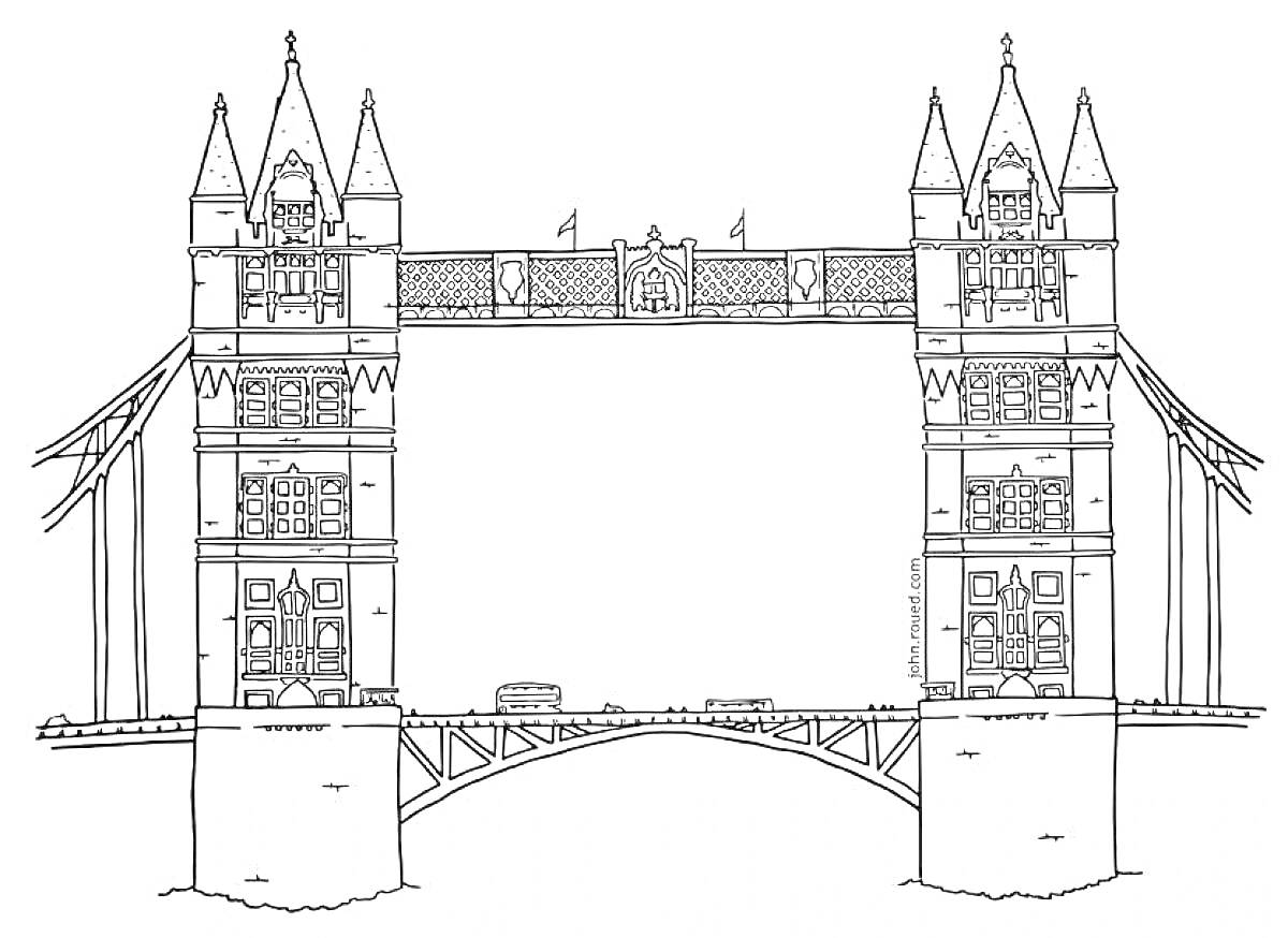 Раскраска Тауэрский мост с высокими башнями, равнинной центральной частью и мелкими архитектурными деталями, включая автомобиль на мосту.