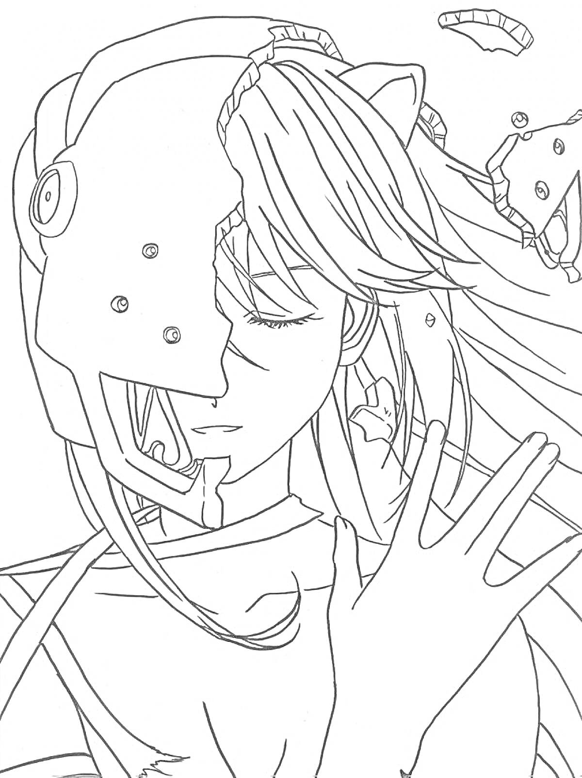 Раскраска Аниме фигурка с частично разрушенным шлемом и закрытыми глазами