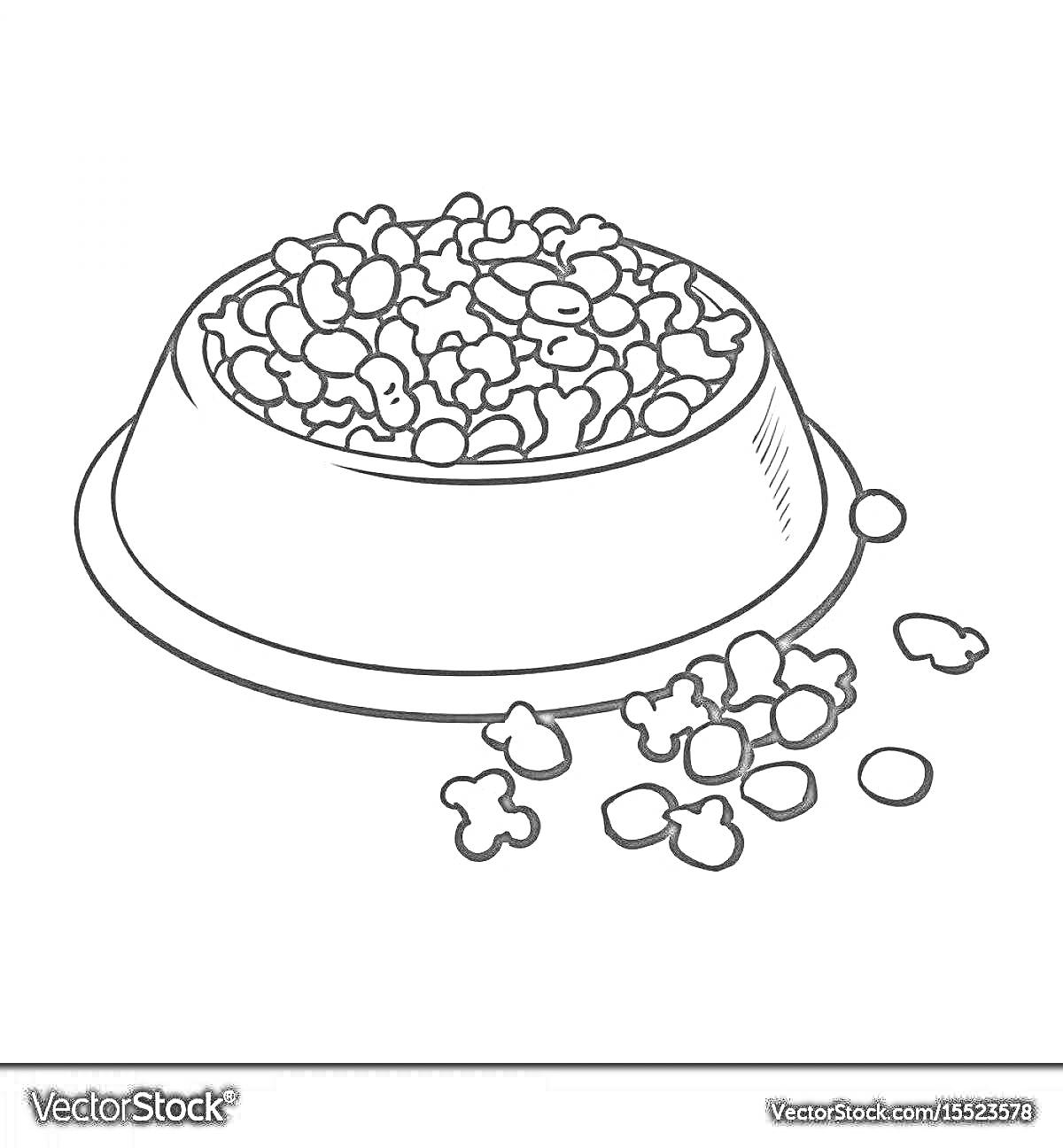 Раскраска Миска с сухим кормом для собак и кормом, насыпанным рядом