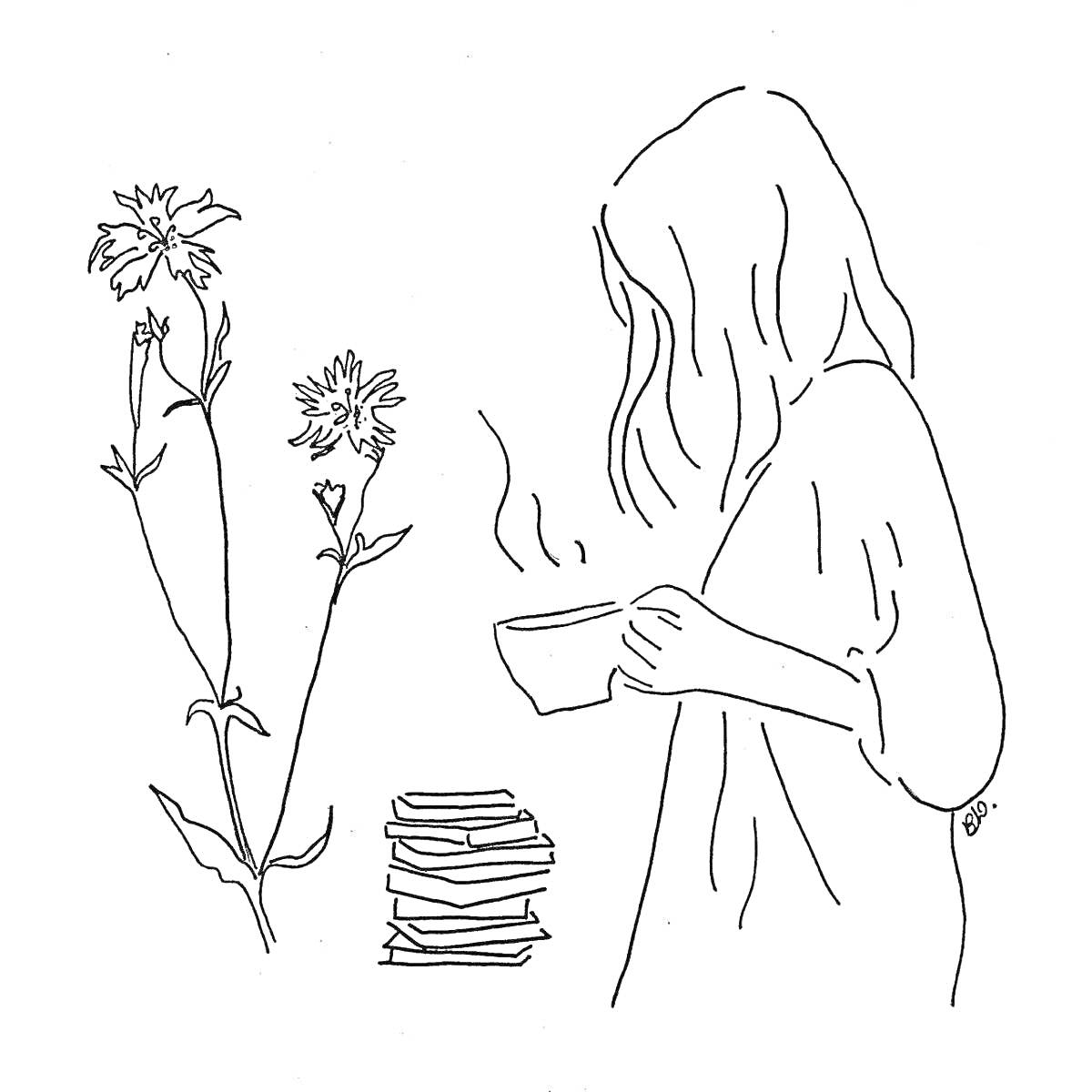 РаскраскаСилуэт девушки с чашкой, стопка книг и цветы