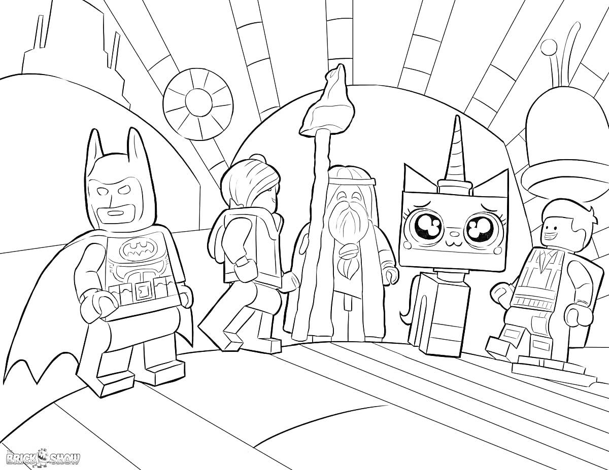 Раскраска Лего персонажи: Бэтмен, Лего человек, волшебник с посохом, единорог, Лего человек в костюме