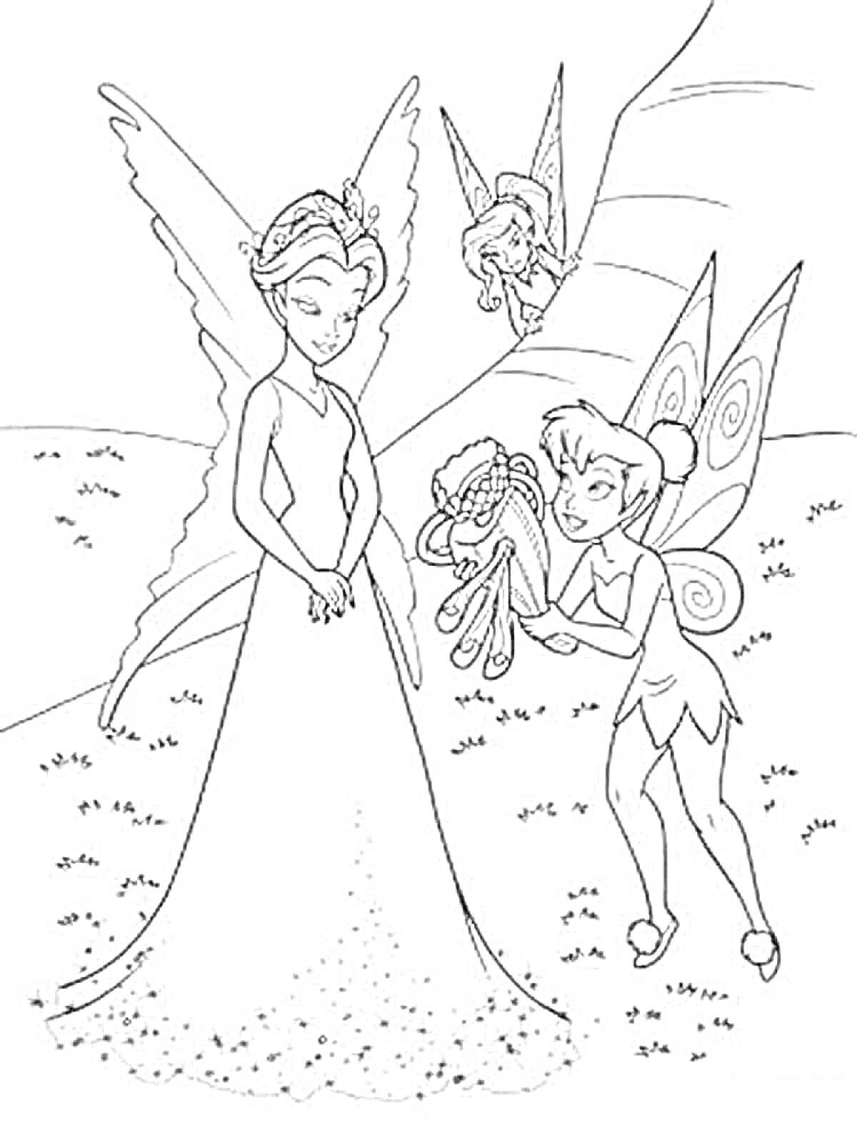 Раскраска Три феи: фея с длинным платьем с блестками, фея с крыльями, держащая ленты, фея, выглядывающая из-за дерева