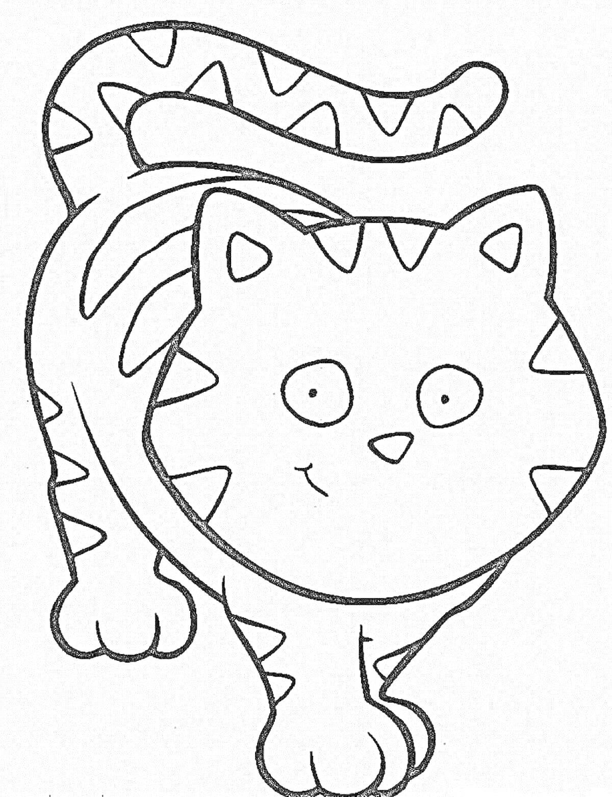 Раскраска Большая кошка с полосками, стоящая на четырёх лапах и улыбающаяся