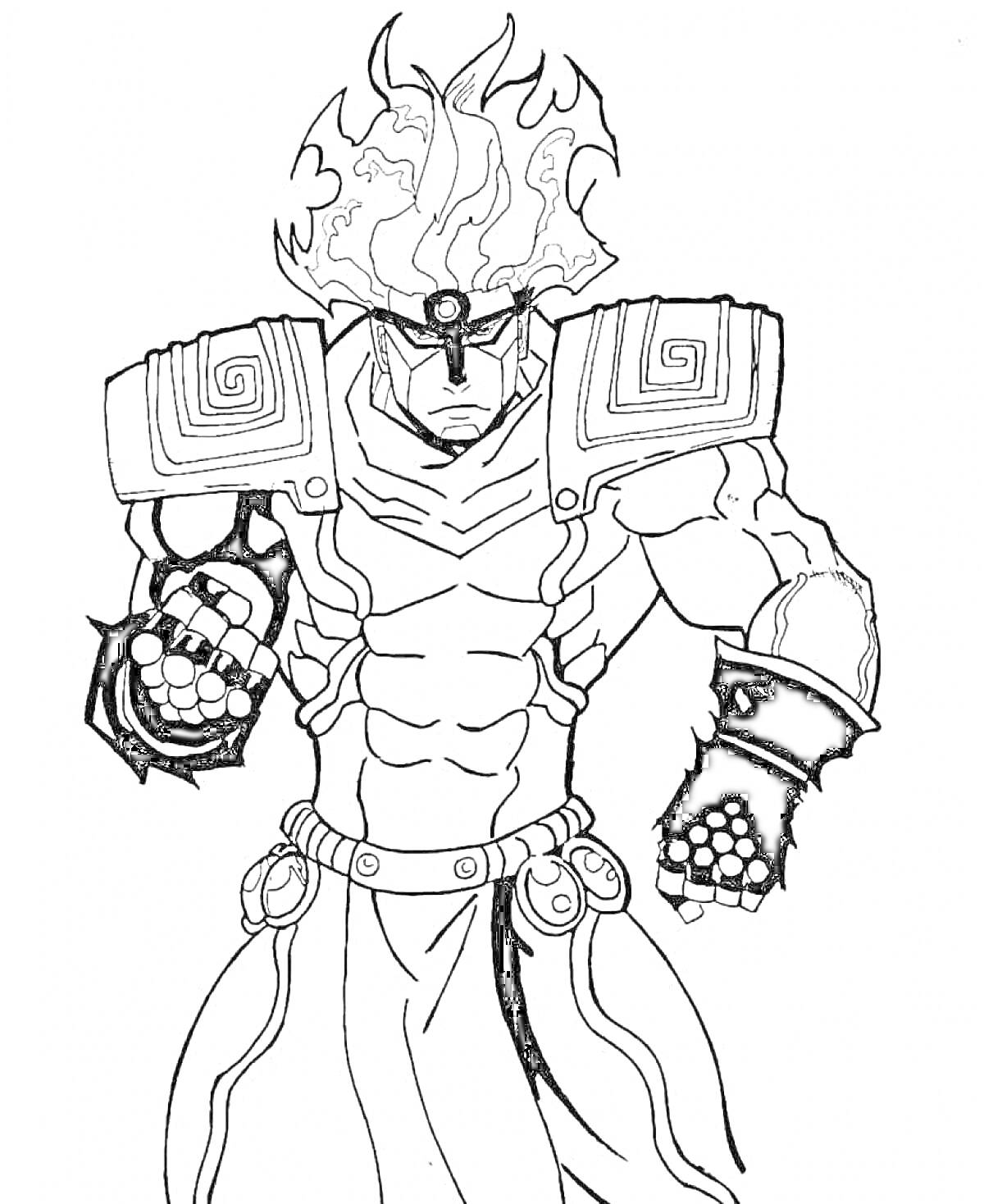 Раскраска ДжоДжо стенд с огненной прической, бронированными плечами и браслетом с шипами