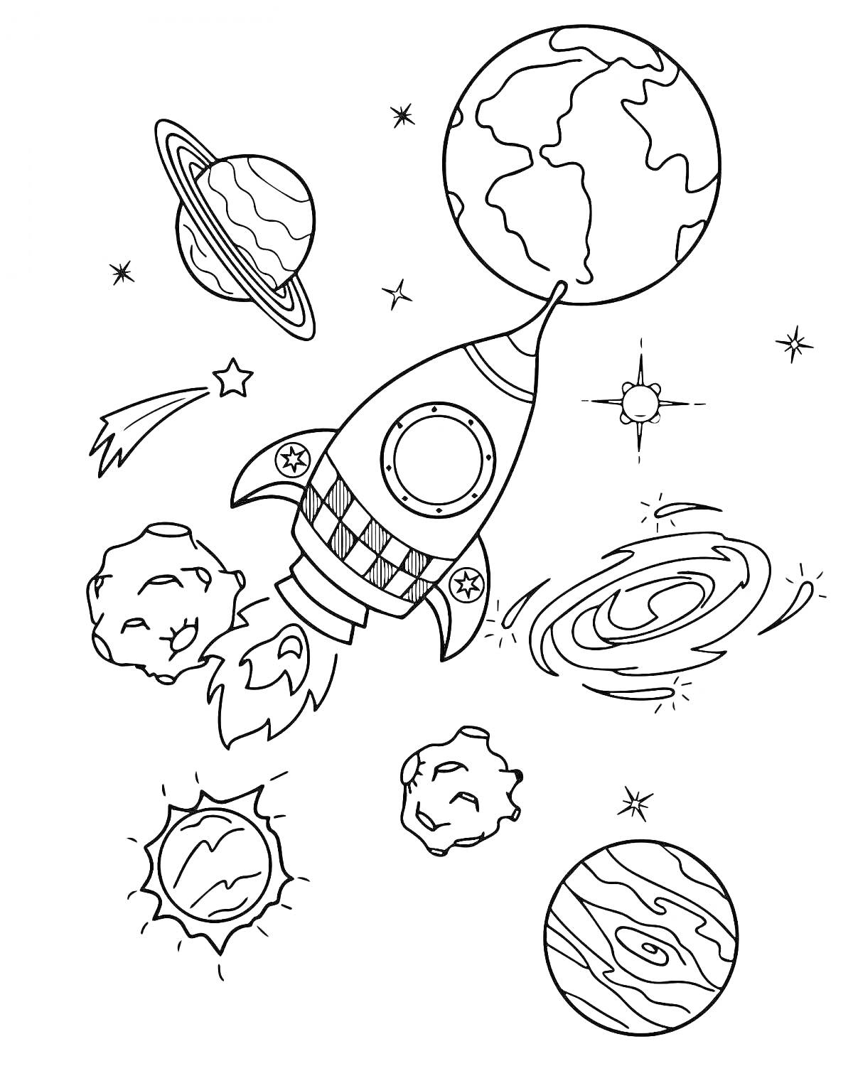 На раскраске изображено: Космос, Ракета, Планеты, Астероиды, Комета, Звезды, Галактика, Космический корабль