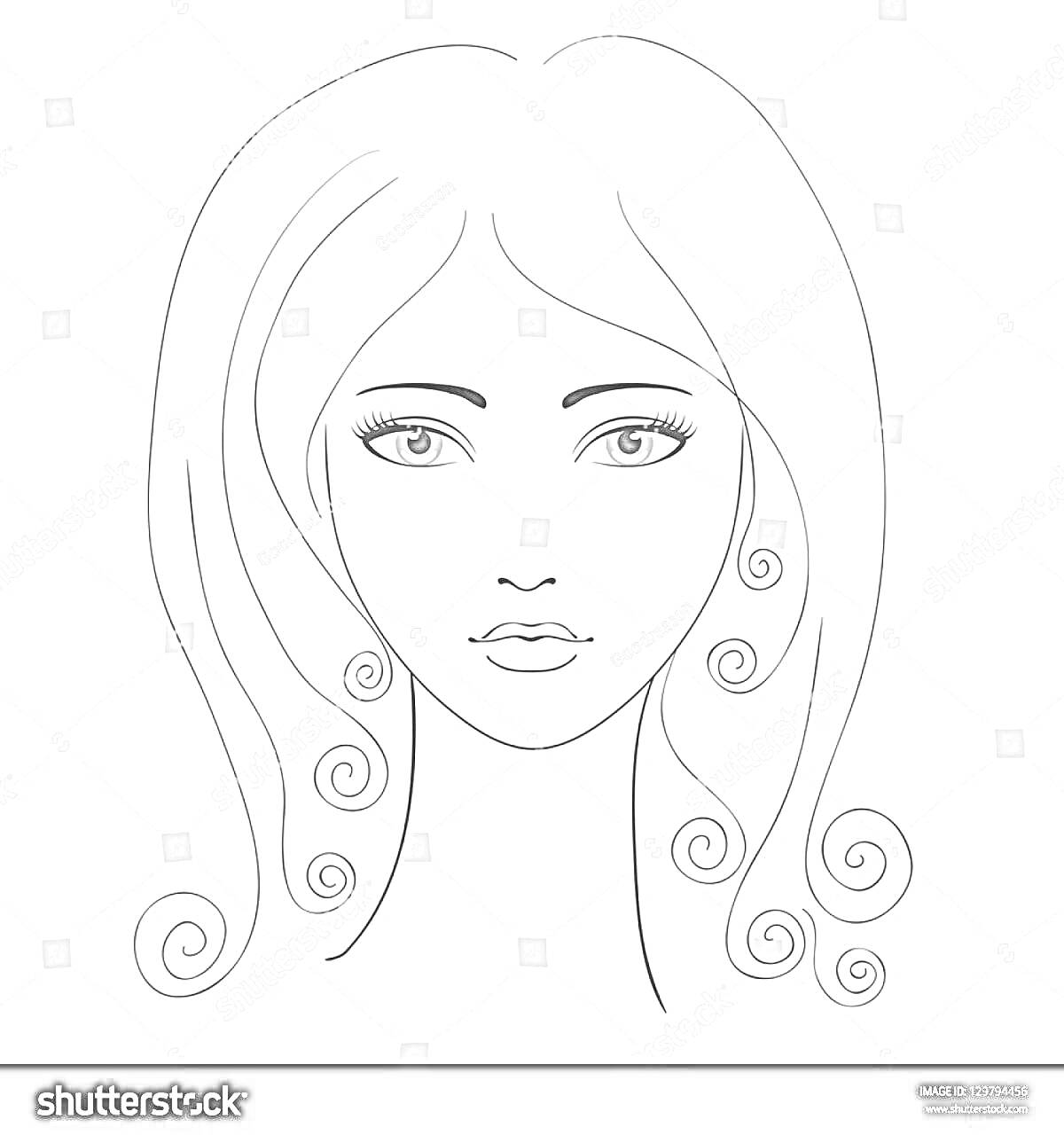 На раскраске изображено: Женщина, Длинные волосы, Завитки, Лицо, Глаза, Губы