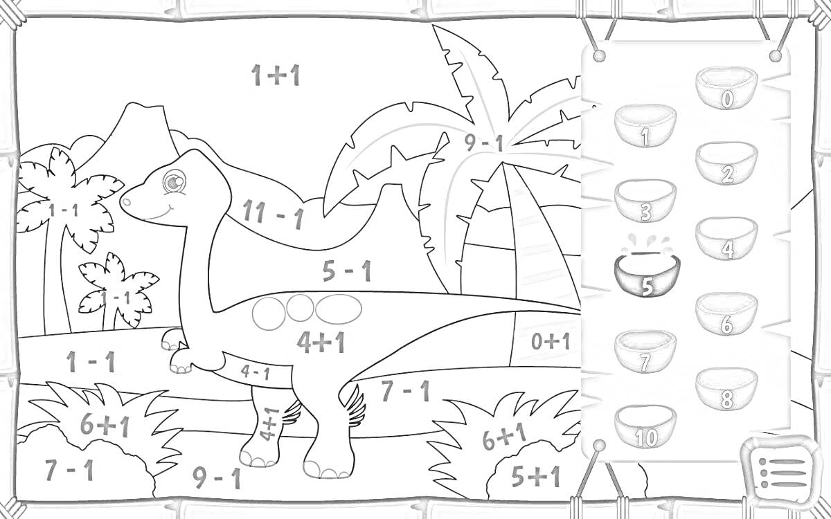 Раскраска Динозавр с математическими задачами на фоне джунглей