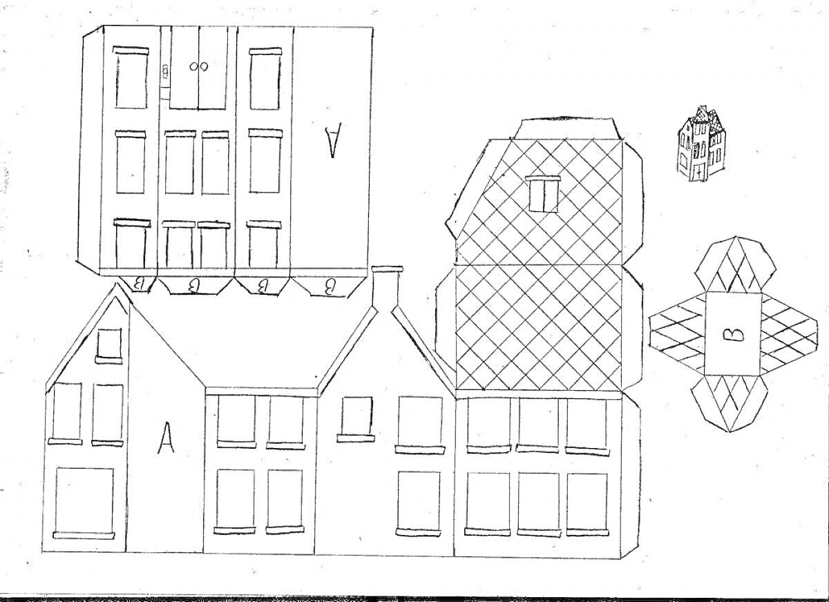 Раскраска макет бумажного дома с деталями крыши, стен, окон и дверей