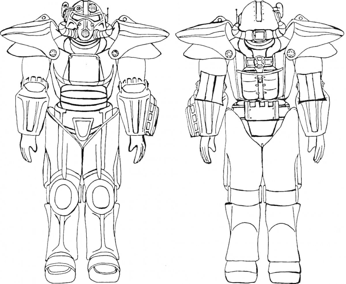 Раскраска Силовая броня Fallout 4: два человека в силовой броне с детализацией шлемов, плечевых накладок, наручей, нагрудников, поясов и наголенников