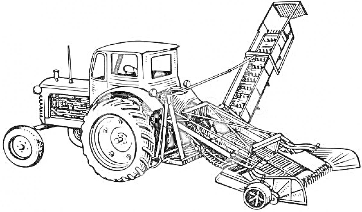Раскраска Трактор с прицепленной сеялкой и механизмом подачи семян