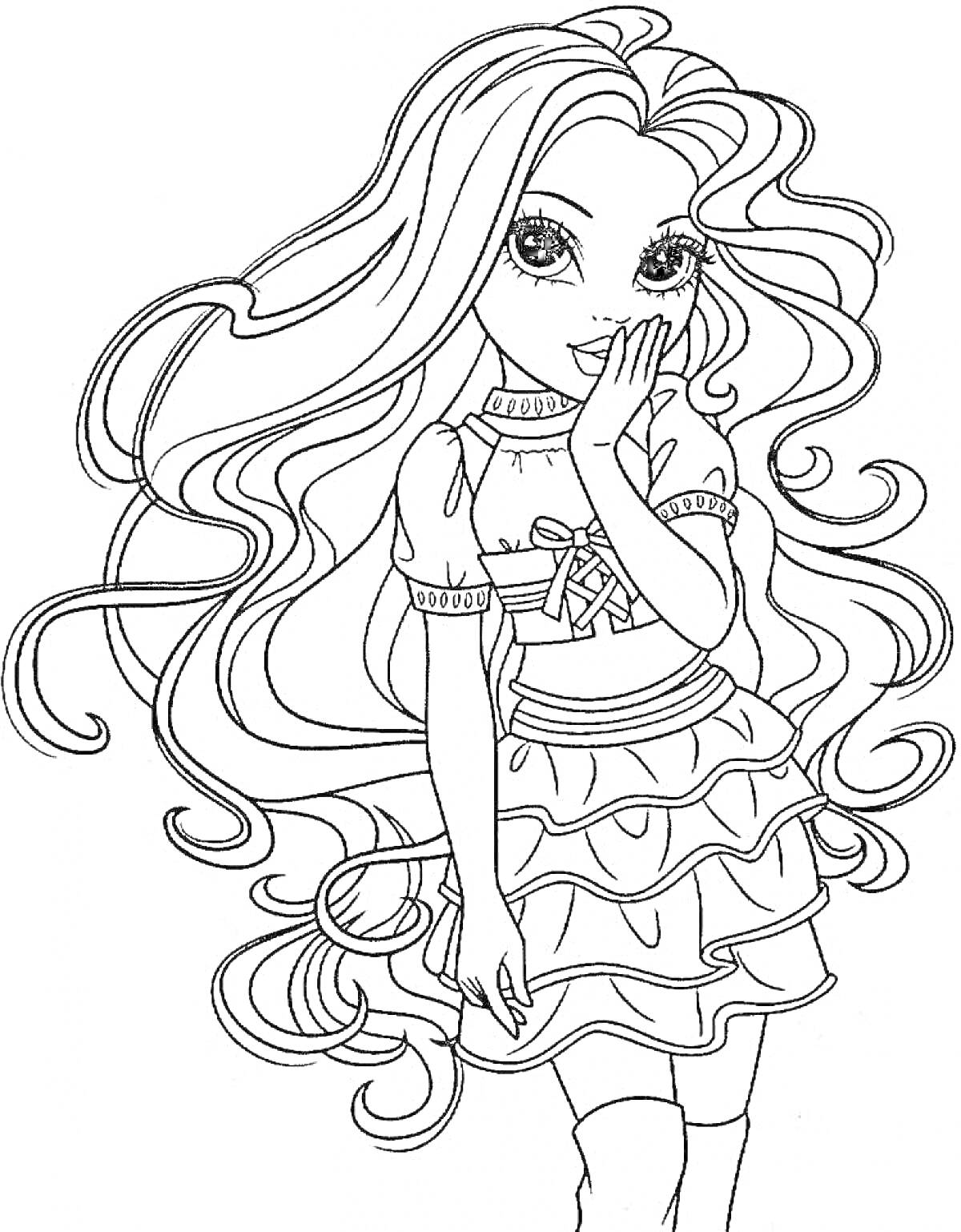 Раскраска Девочка с длинными волнистыми волосами в платье с рюшами