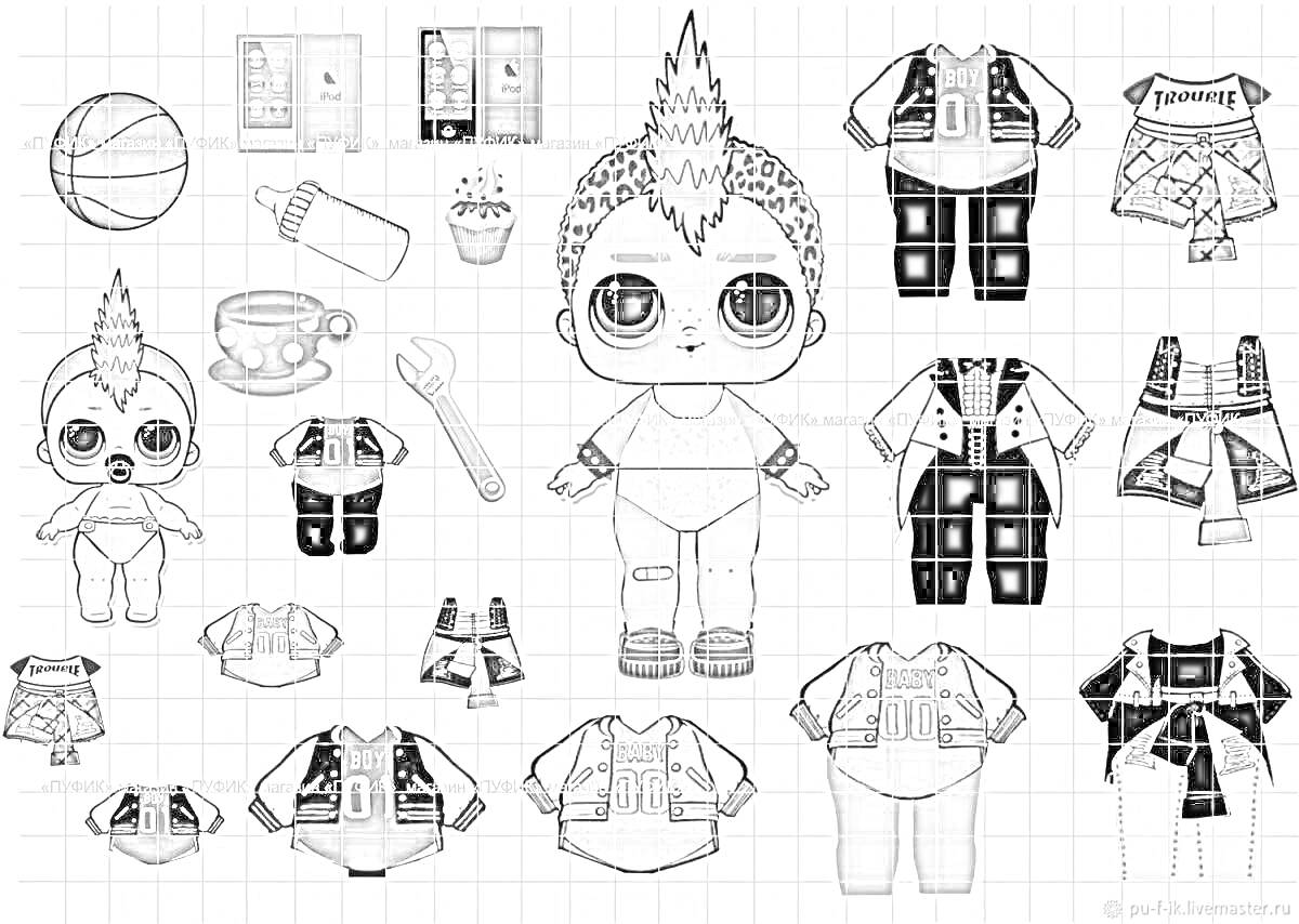 Раскраска Кукла ЛОЛ с одеждой и аксессуарами - баскетбольный мяч, три шкафчика, бутылочка, чашка, кактус, ложка, кукла ЛОЛ, пять комплектов сменной одежды