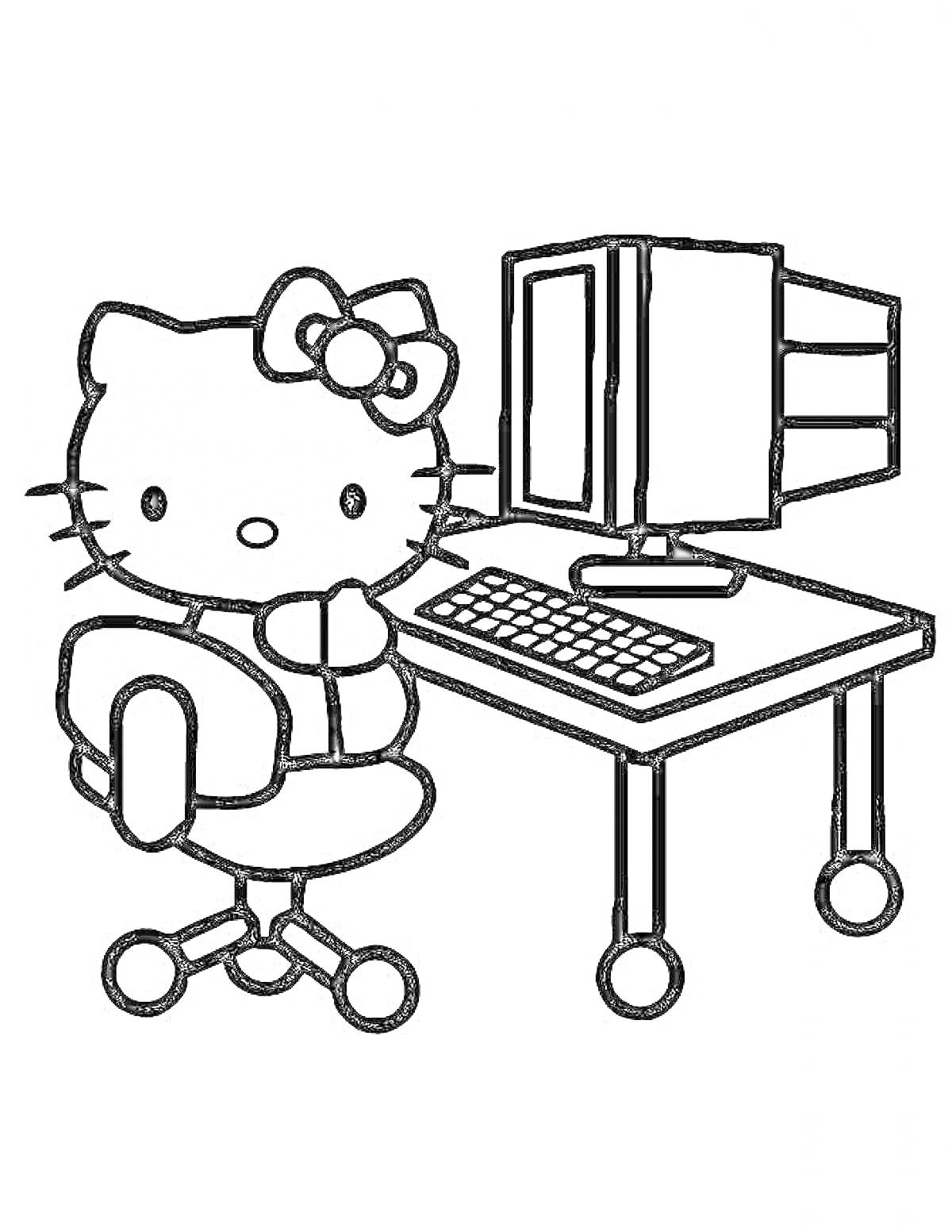 Раскраска Кошечка на стуле возле компьютерного стола с компьютером и клавиатурой