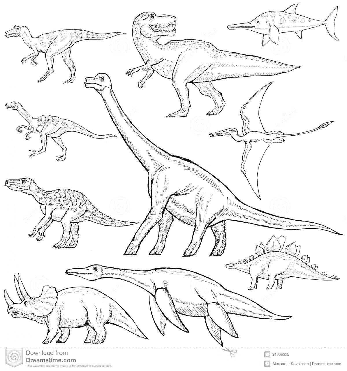 Раскраска Разнообразие динозавров с тираннозавром, брахиозавром, трицератопсом, плезиозавром и другим