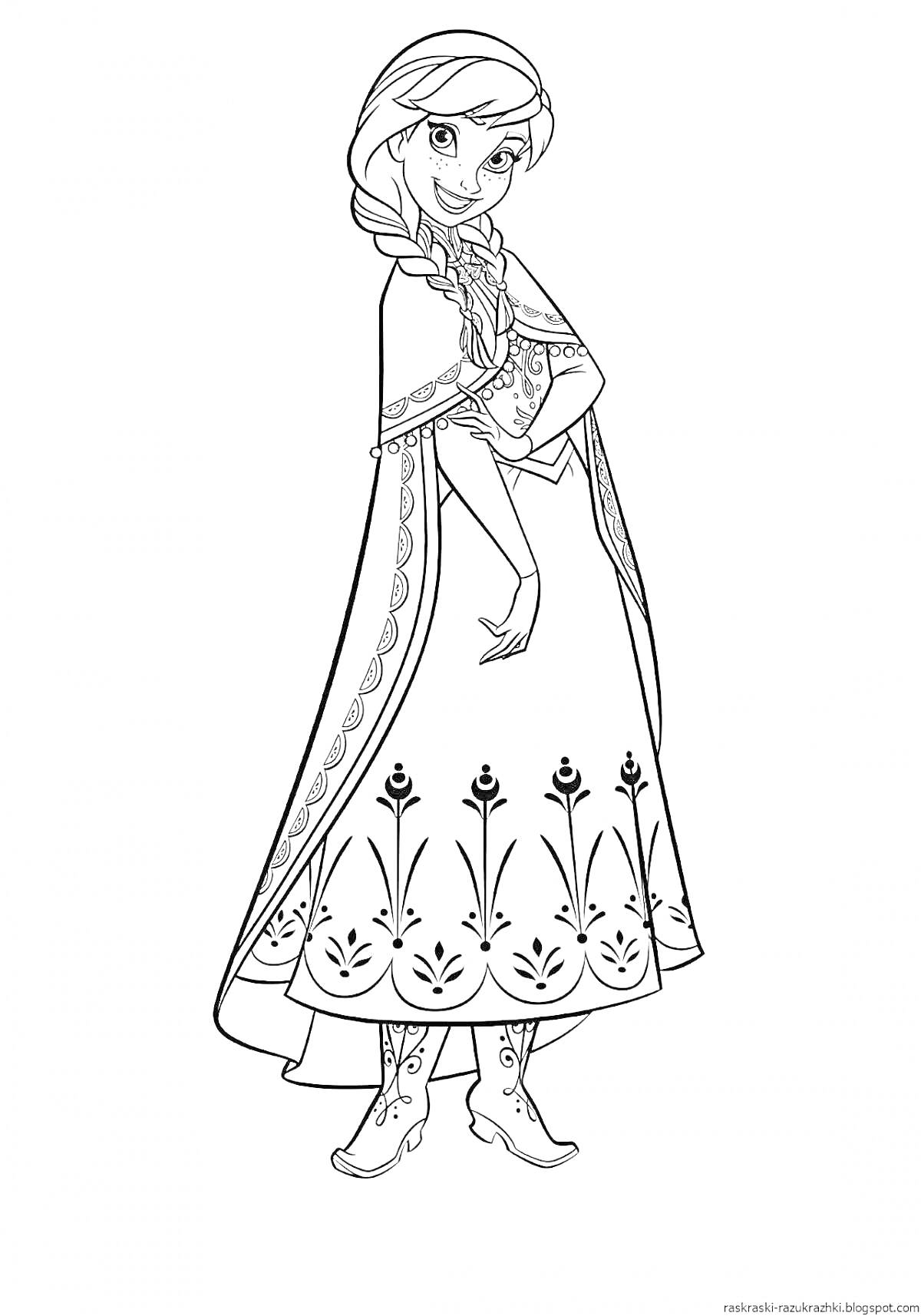 Раскраска Девушка в длинном платье с узорами и косой, стоящая и улыбаясь