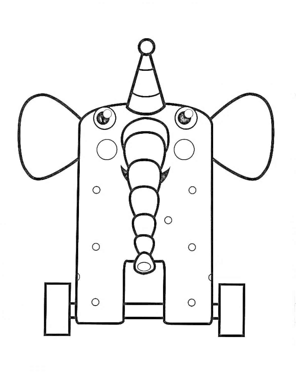 Раскраска деревянный слон на колесах в шапке клоуна