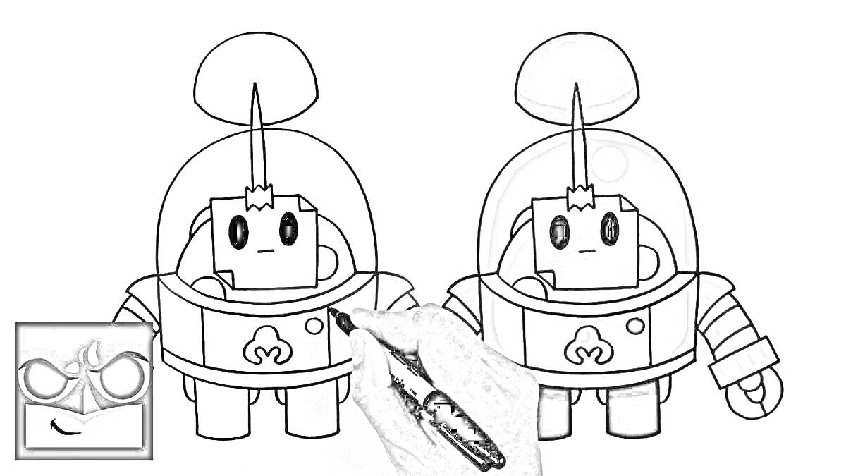 РаскраскаДва персонажа в космических костюмах с плоскими антеннами на головах и значками огня на груди, один раскрашен, второй нет, рука с маркером.