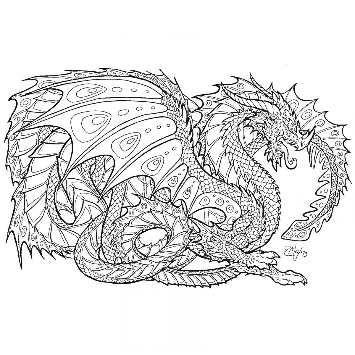 Раскраска Детализированный дракон с крыльями и чешуей
