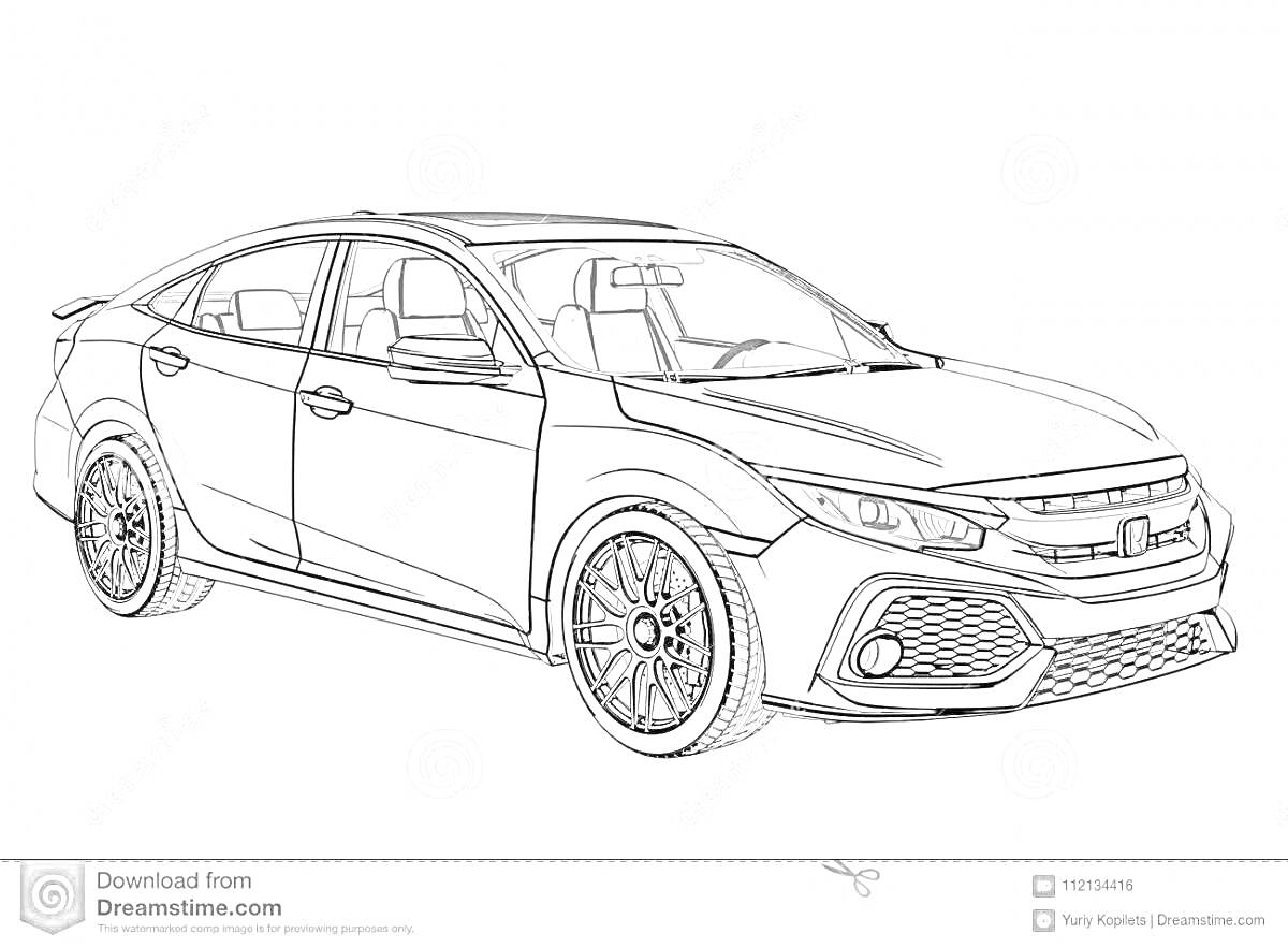 Раскраска автомобиля Honda Civic с деталями фар, колесных дисков, дверей, зеркал, капота и бампера.