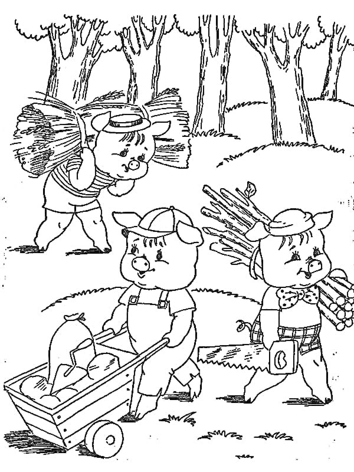 Раскраска Три поросенка с хворостом, досками и кирпичами на полянке с деревьями