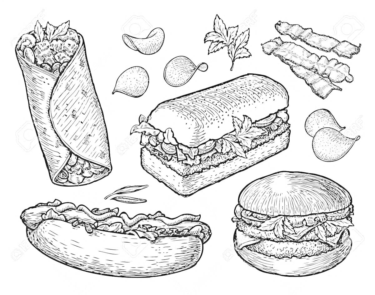 На раскраске изображено: Гамбургер, Хот-дог, Еда, Листья, Чипсы, Контурные рисунки
