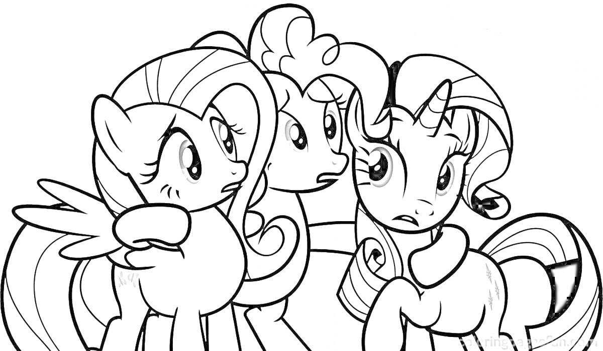 Раскраска Три пони (пегас, земной пони и единорог) из 