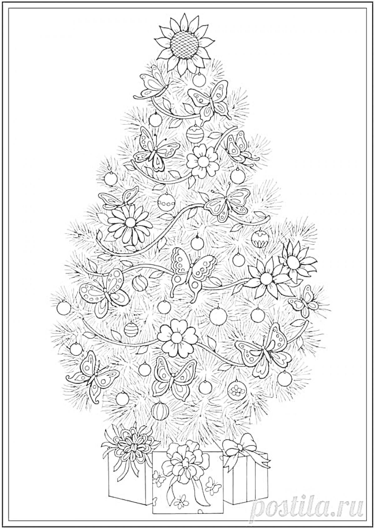На раскраске изображено: Новогодняя ёлка, Цветы, Подарки, Новогоднее дерево, Новый год, Бабочка