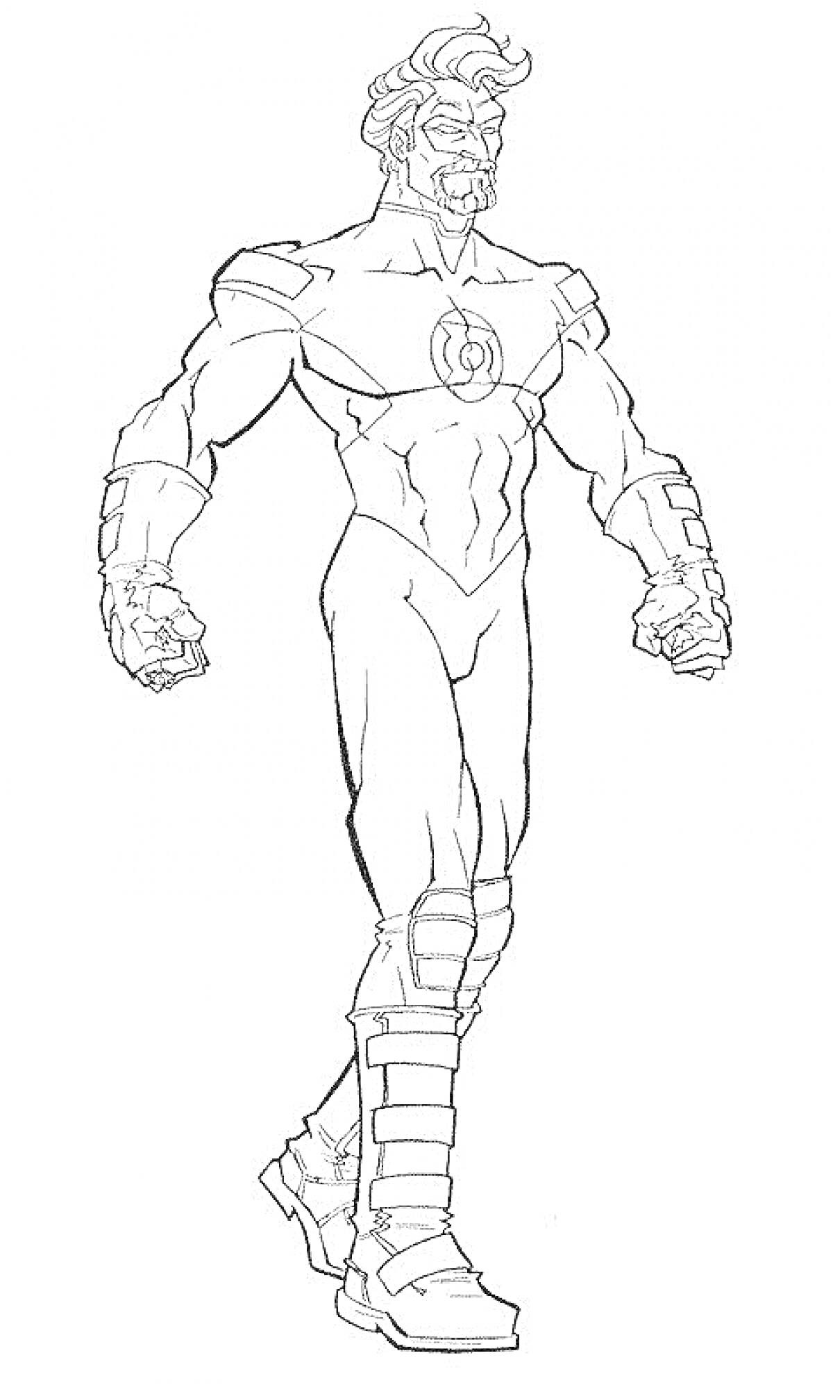 Раскраска Мужчина-супергерой со знаком кольца на груди, пояс, перчатки, защитные налокотники и налокотники, ботинки с ремнями, мускулистое телосложение.