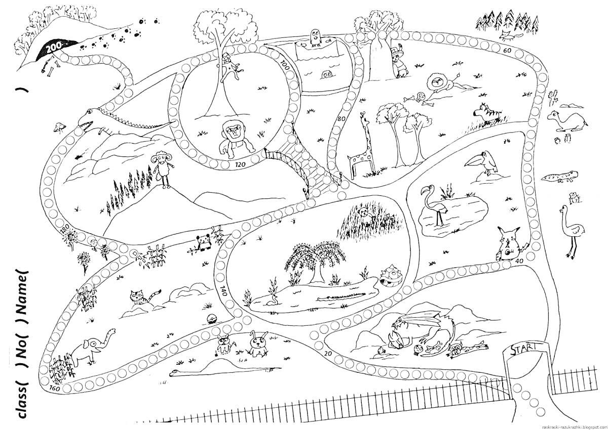 Раскраска Карта с различными животными, птицами, водоемами, горами и людьми