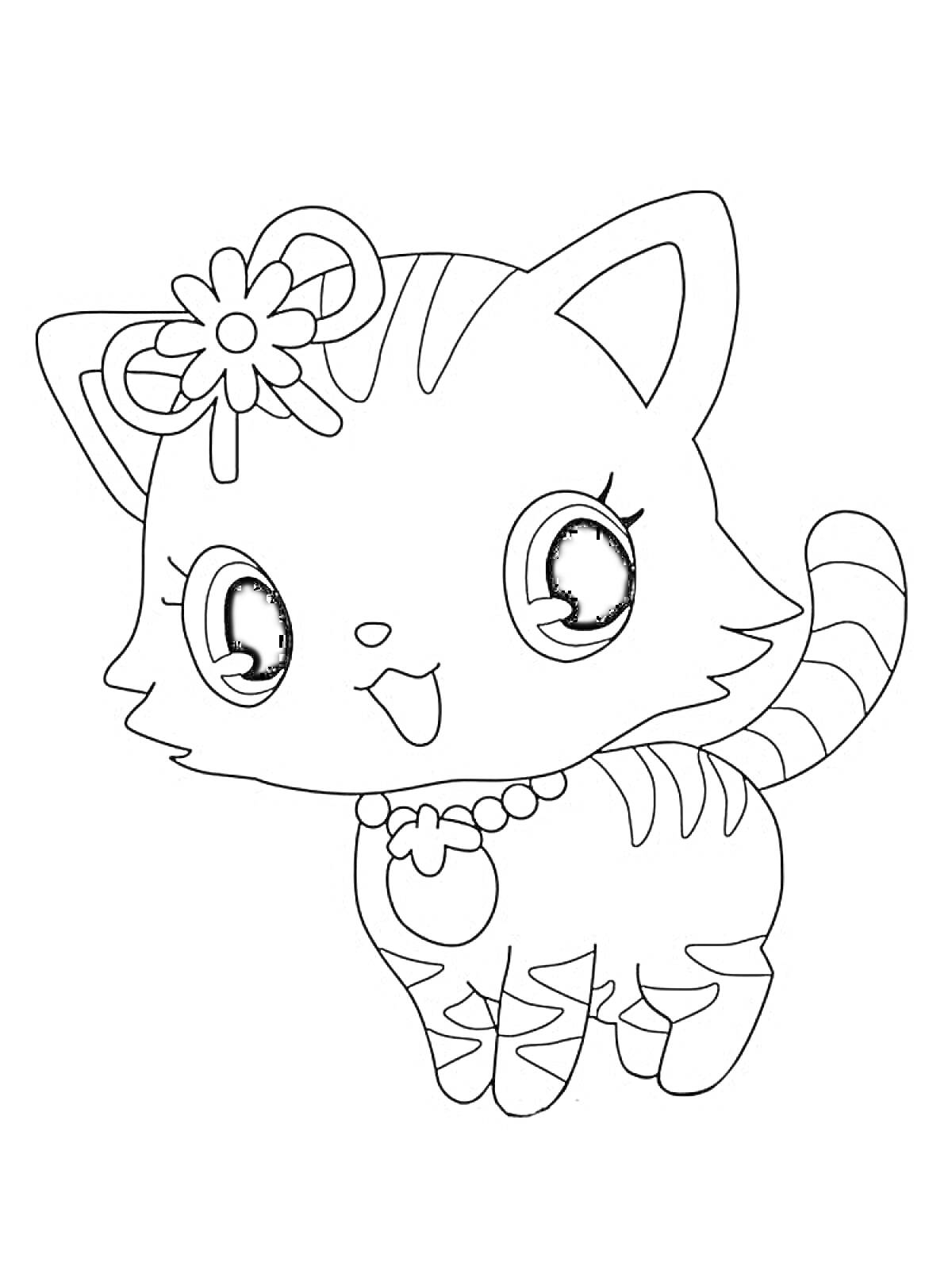 Раскраска Милый котик с бантиком и ожерельем