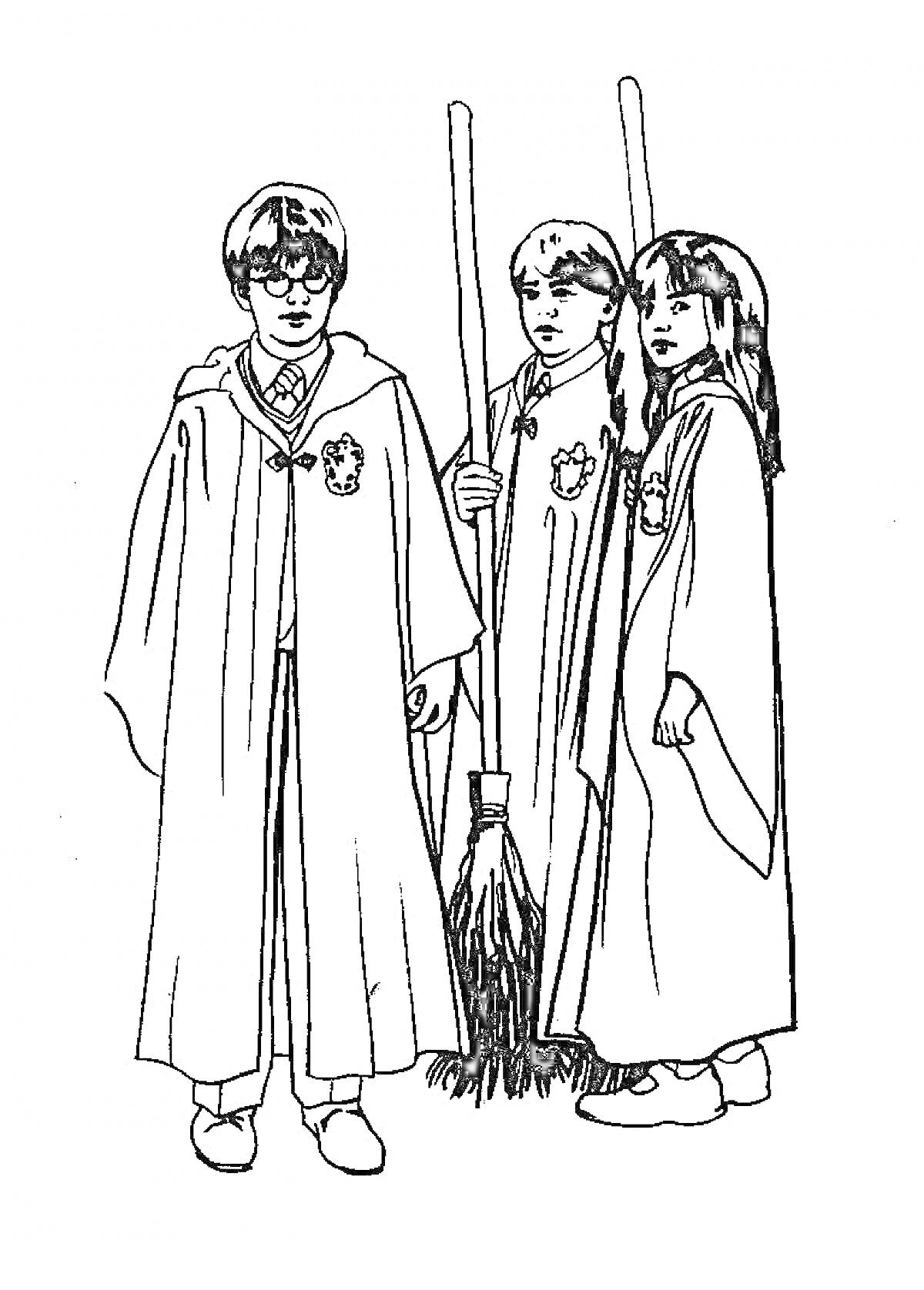 Раскраска Три персонажа, одетые в мантии, стоят рядом с метлами