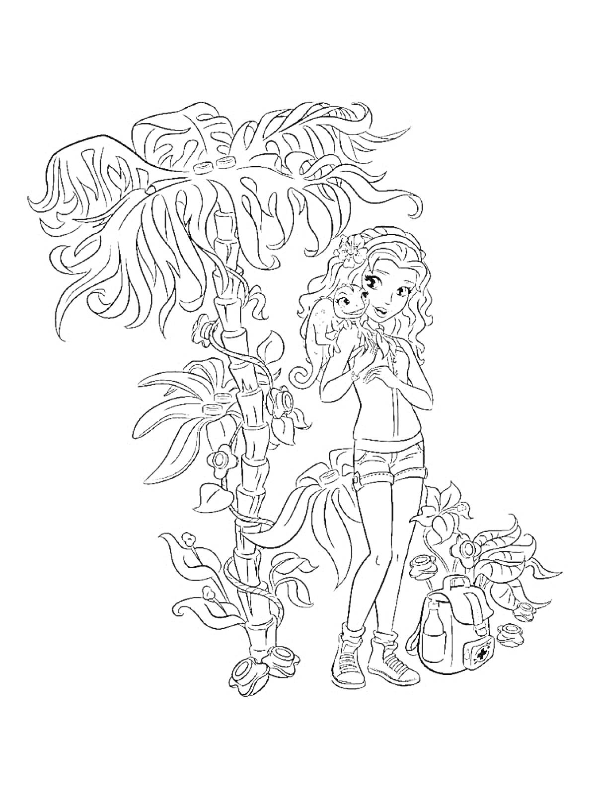 Раскраска Девочка с попугаем возле пальмы и рюкзака