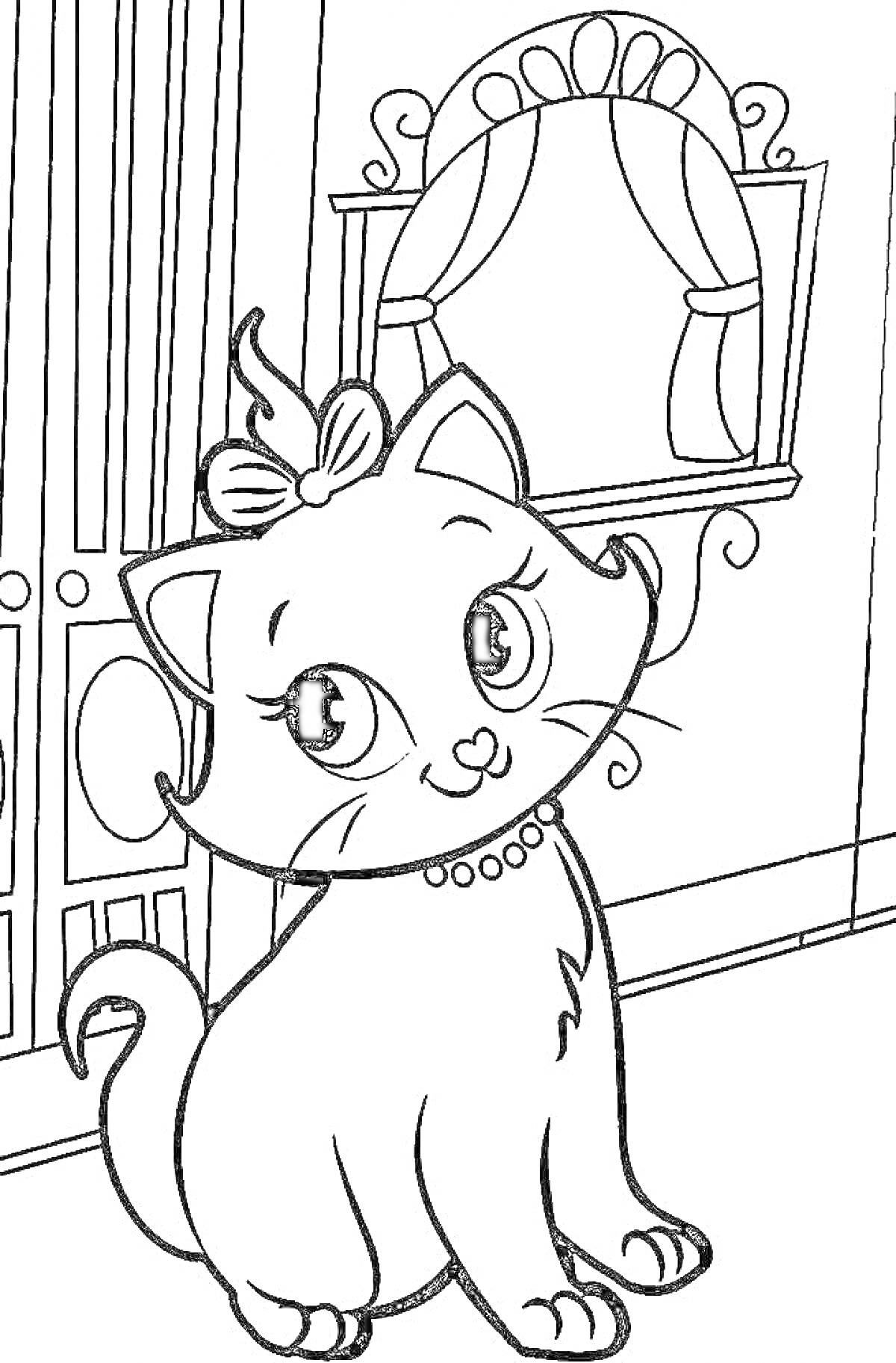 Раскраска Кошка Мари перед зеркалом на фоне двери