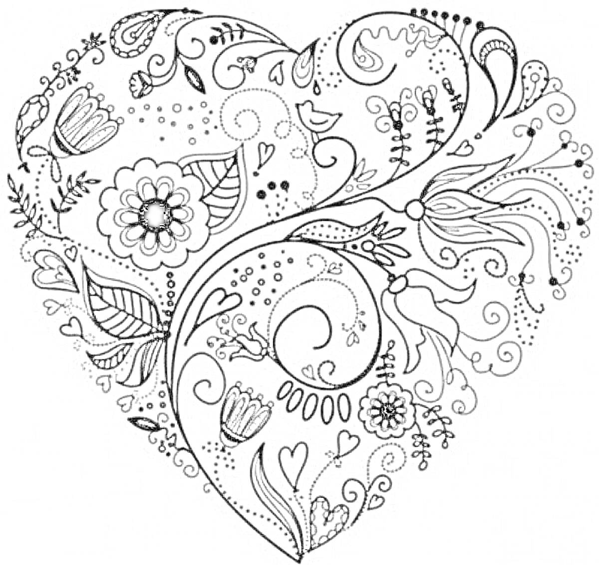 Раскраска Сердце с цветами и листьями, украшенное завитками и узорами