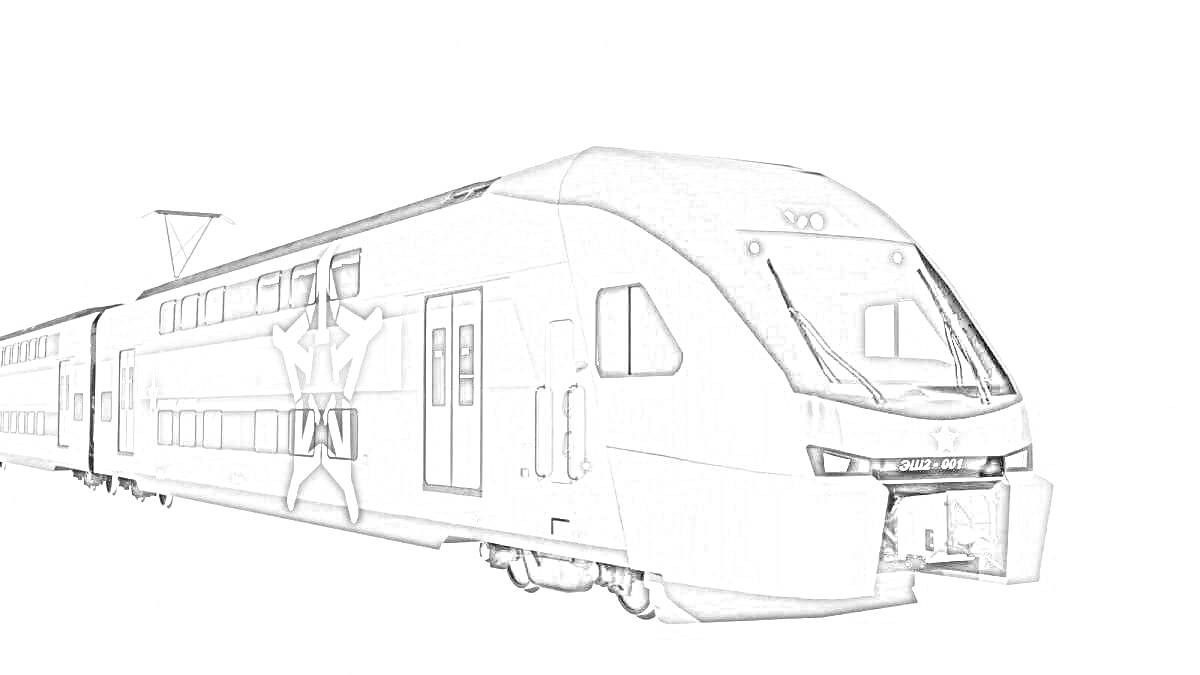 На раскраске изображено: Поезд, Вагоны, Транспорт, Железная дорога, Вокзал, Современные технологии