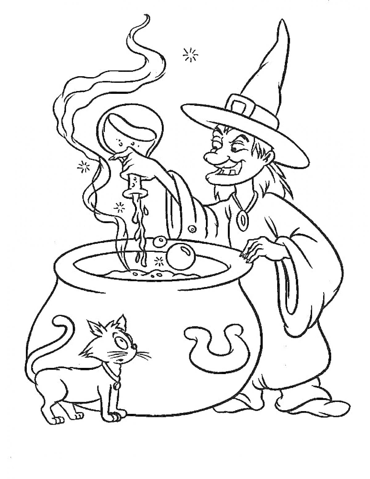 Раскраска Ведьма с котлом и котом, держащая магический шар