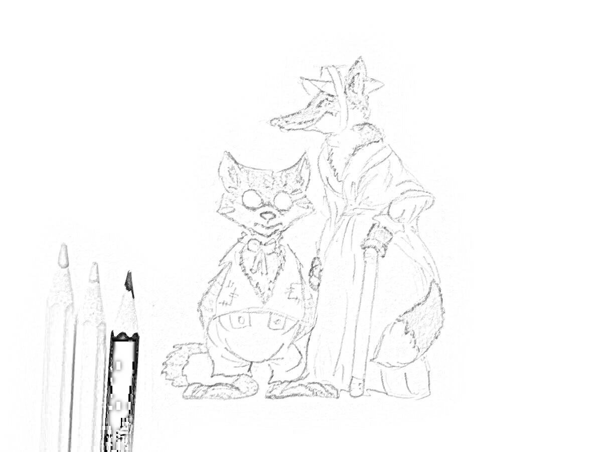 Раскраска Кот Базилио и Лиса Алиса, карандаши для раскрашивания