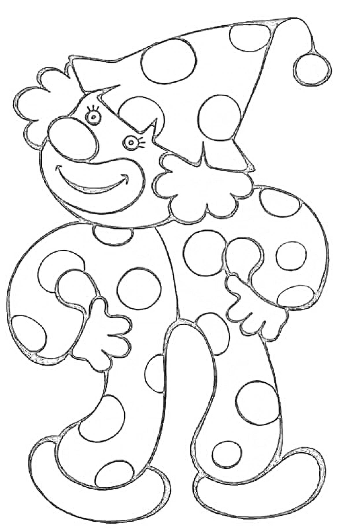 Раскраска Клоун в шапке с помпоном, в большом костюме в горошек, с кудрями и улыбкой