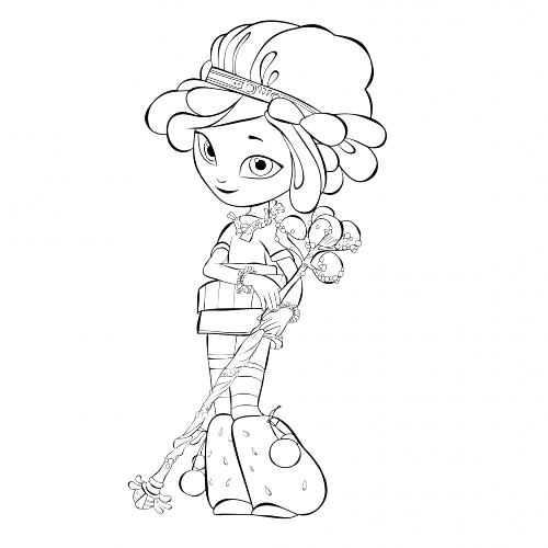 Раскраска Девочка в шапке с цветком, стоящая с веником, из мультфильма 