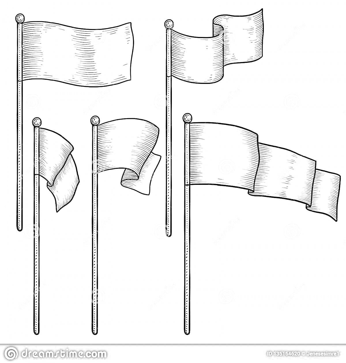 Раскраска Пять флажков на флагштоках разной формы