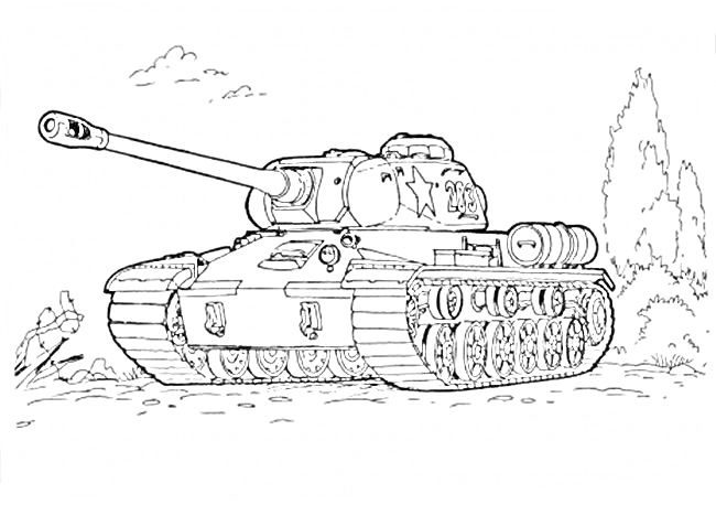 Раскраска Танковая раскраска с детализированным танком на гусеничном ходу на фоне деревьев и облаков