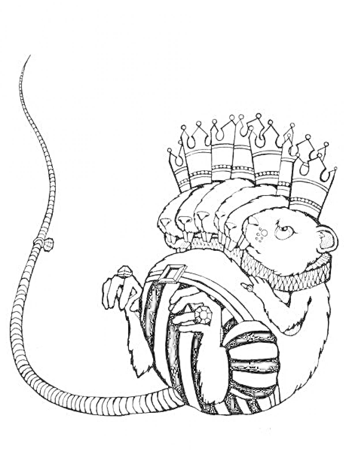 Раскраска мышиный король в коронах с несколькими головами, в полосатых штанах и с большой тесьмой