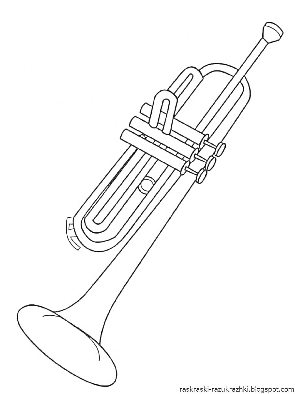 На раскраске изображено: Труба, Музыкальный инструмент, Клапаны, Мундштук, Для детей, Контурные рисунки