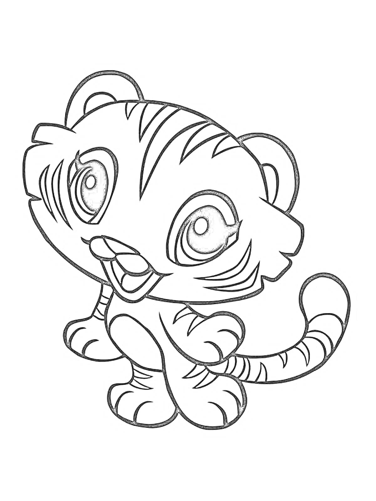 Раскраска Милый тигрёнок с большими глазами и полосками